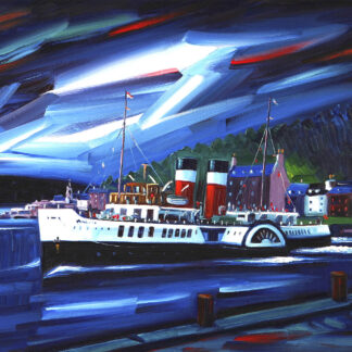 A vibrant painting of boats on water with bold brushstrokes and a vivid blue and red color palette. By Raymond Murray